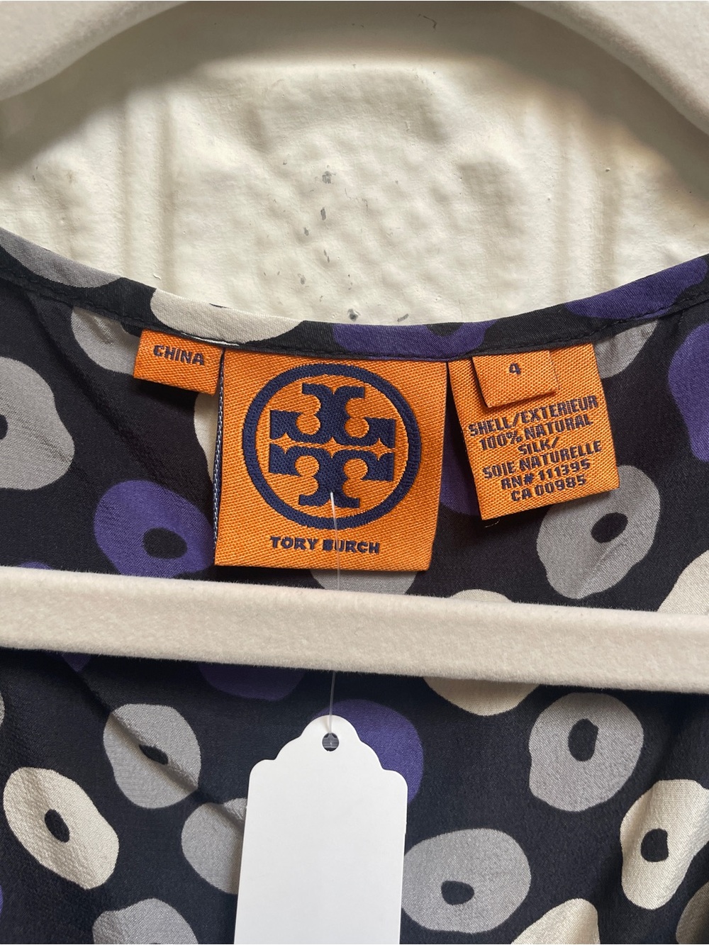 Tory Burch Black Silk Blouse with Purple and Cream Dot Print - Picture 2 of 4